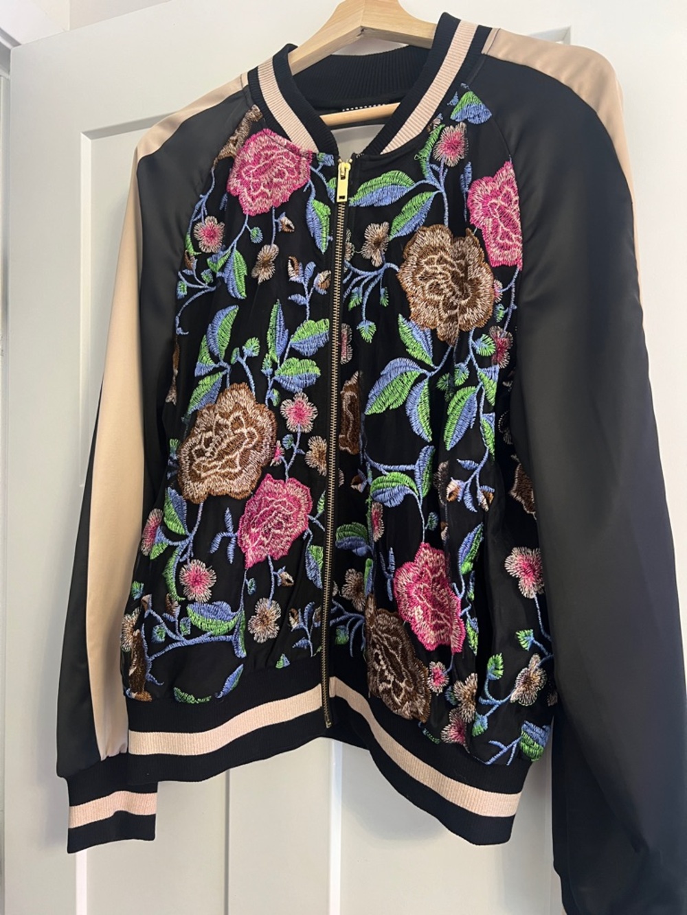 Embroidered Floral Bomber Jacket - Black & Light Tan Trim